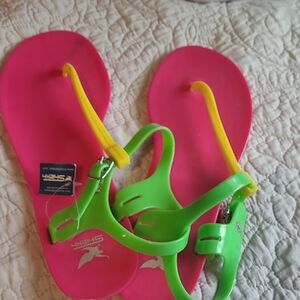 Sheike Pink and Green Sandals Vibrant Summer Footwear